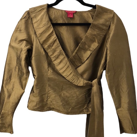 Sunny Leigh Tops - Sunny Leigh 100% Raw Silk Gold Ruffle Women’s Blouse Size 6P